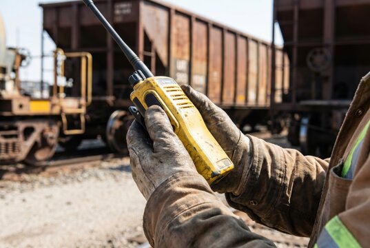 Close up of a railroad worker in dirty protective gloves holding a yellow walkie talkie next to freight train cars