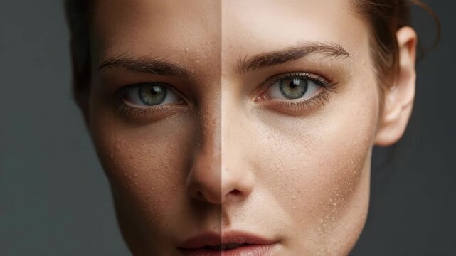 Female face close up split skin texture fresh dewy skin portrait with visible pores half retouched