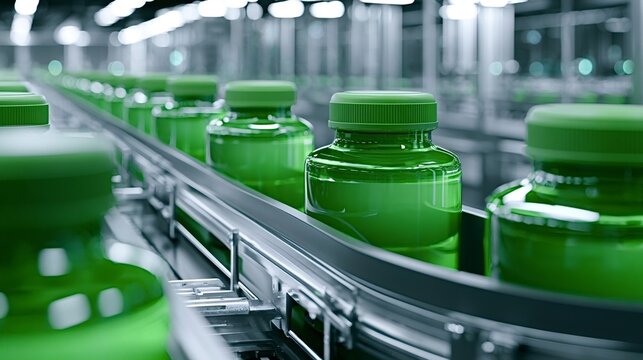 Green bottles with green caps traveling along a conveyor belt, representing a large scale manufacturing process in a modern pharmaceutical or supplement factory