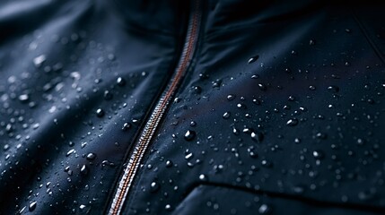 Fototapeta premium Dark blue waterproof jacket fabric repelling numerous water droplets, showcasing its protective and water resistant qualities against rain and moisture, featuring a prominent zipper
