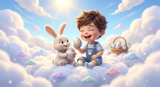 Adorable baby bunny finding a decorated Easter egg in a magical sunny meadow filled with colorful flowers, boy and girl celebrating the spring holiday and the traditional egg hunt