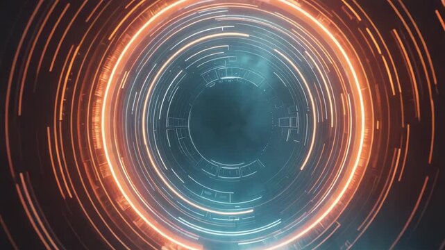 Futuristic portal ring light glow teal orange sci fi glowing circular tunnel with misty rails