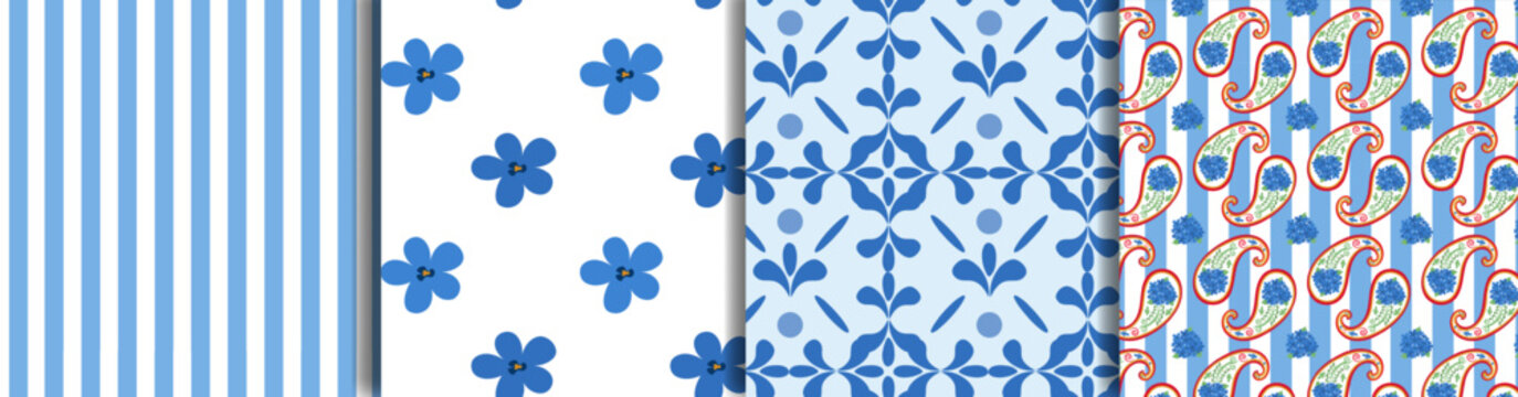 Mediterranean seamless pattern set of blue floral, paisley, hydrangea, tile, striped background. Trendy , Minimal aesthetic inspired by Italian coastal style. Amalfi, Capri, Sicile vibe.