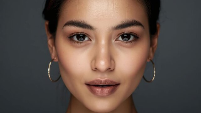 Young woman closeup portrait with hoop earring soft studio lighting warm expression confident soft
