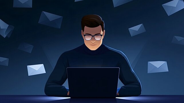 Man with glasses focused on laptop screen amid floating digital envelopes in a dark blue cyber space, illustrating email overload, notifications, online communication and stress