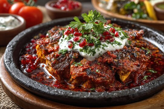 Iskender Kebab With Tomato Sauce And Yogurt Dramatic