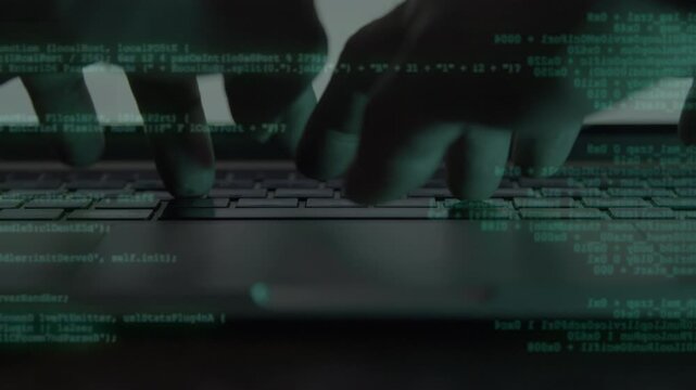 A cinematic close-up of hands typing on a keyboard with layered code visuals overlaid on screen, illustrating a programming and cybersecurity concept in a modern digital environment.