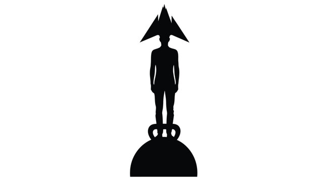 Silhouette of a person standing on a kettlebell with a large triangular hat on their head