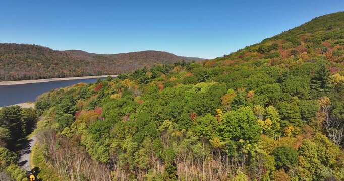 Autumn aerial video of the bridge of the Cannonsville Reservoir, Delaware County, NY, NYC DEP water supply, October 2025.