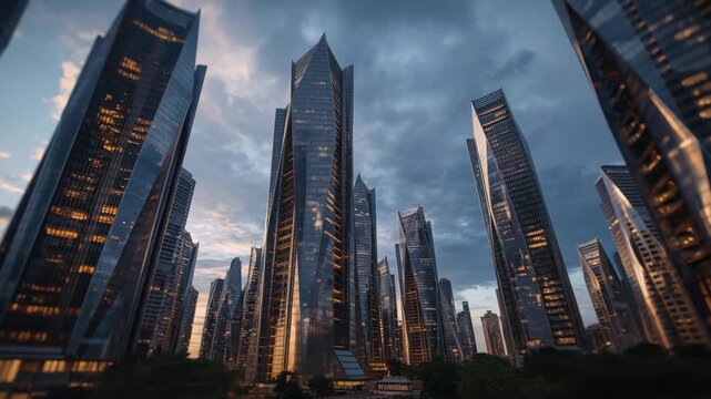Futuristic glass skyscraper skyline dusk with dramatic clouds and warm lights glowing through city