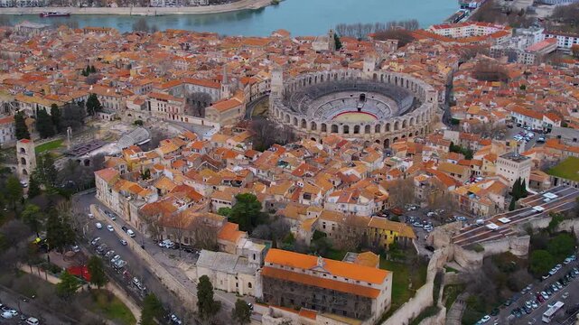 Aerial view of the old town of the city Arles on a sunny summer morning in France.