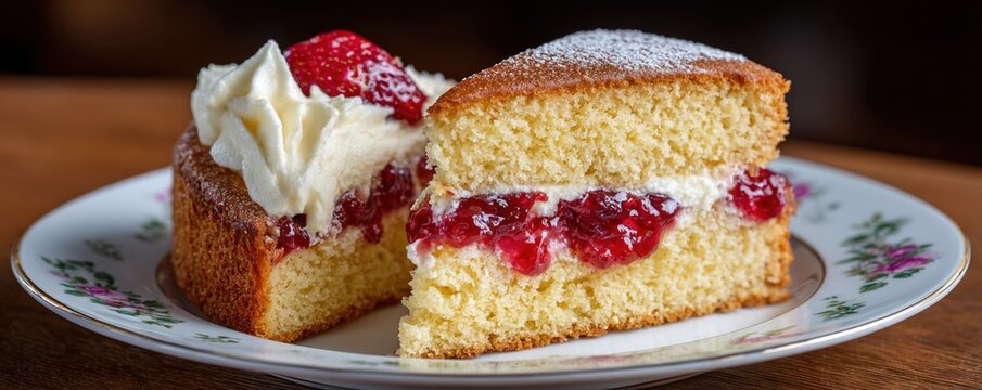 Classic victoria sponge cake closeup with jam and cream slice on decorative plate for bakery menu background and dessert poster design