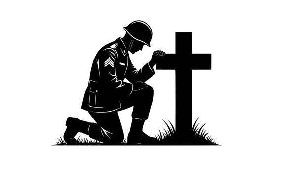 Kneeling Soldier Silhouette Beside Cross Grave
