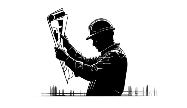 Man Reading Document Silhouette or enginer reading a chart at a construction area
