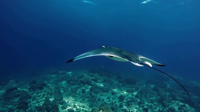 Manta ray gliding over coral reef in serene underwater ocean scene with vibrant marine life sea
