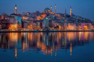 Obraz premium Istanbul Blue Hour Panorama City Lights Reflecting In