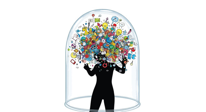 Person under a glass dome with a colorful chaotic explosion of thoughts and ideas