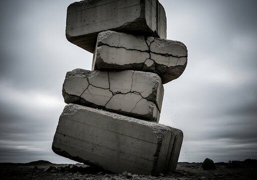Cracked concrete blocks stacked precariously on rocky ground
