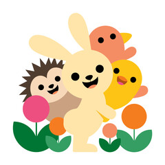 Fototapeta premium Charming digital illustration of a bunny, hedgehog, and chicks amidst colorful flowers, embodying springtime joy and gentle companionship.