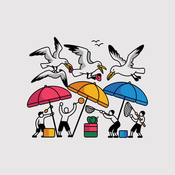 Coastal recreation scene: a computer-generated illustration of beachgoers under colorful umbrellas, with seagulls attempting to intercept snacks.