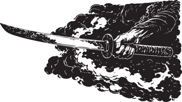 Katana Sword in Hand Vector Illustration, Japanese Samurai Blade with Smoke and Clouds Background, Traditional Martial Arts Warrior Concept Art, Vintage Black and White Manga Style Graphic Design.