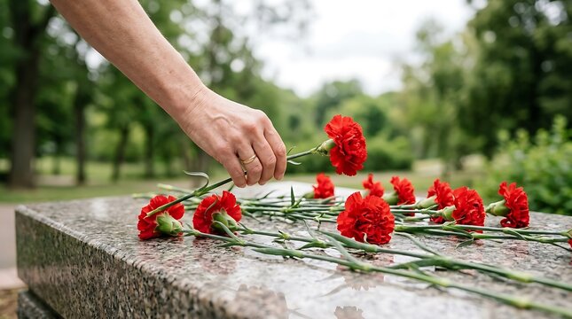 Hand laying red carnations on memorial stone on memorial day
