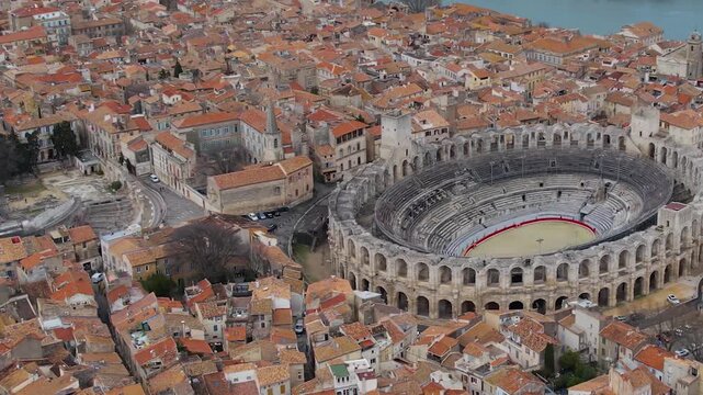 Aerial view of the old town of the city Arles on a sunny summer morning in France.