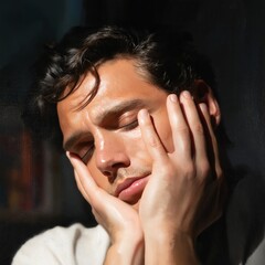 Fototapeta premium Man Resting With Hands on His Face in a Cozy Indoor Setting During Daytime