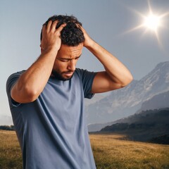 Obraz premium Young Man Holds Head in Frustration on Grassy Field Under Bright Sun Near Mountains at Midday