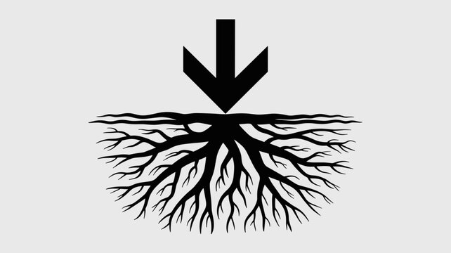 Downward arrow with branching root system &ndash; Perfect for soil health, investment stability, or organic business expansion.