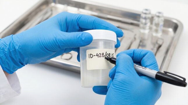 Laboratory worker in blue gloves writing identification details on a plastic specimen container