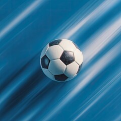 Naklejka premium A dynamic soccer ball streaks across a blurred blue background