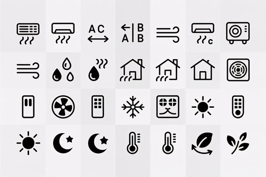 Heating and cooling symbols for HVAC system and thermostat control, flat vector icons