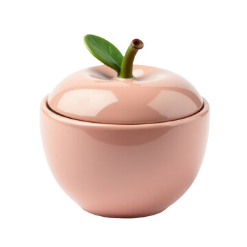 A decorative container in the shape of an apple with a real leaf stuck out from the top