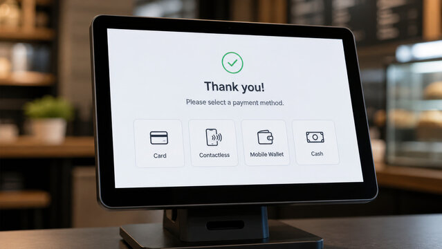 Payment terminal with screen for selecting payment method, contactless payment, bank card, mobile wallet, modern checkout system in cafe.