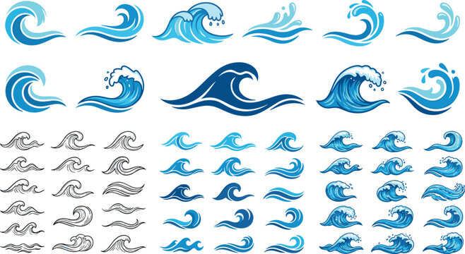 Ocean wave icon collection set blue water splash symbols and hand drawn sea waves vector illustration isolated design elements