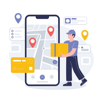 Delivery courier stands beside a large smartphone screen displaying a logistics navigation map with multiple drop off locations and package tracking status updates for efficient shipping operations.