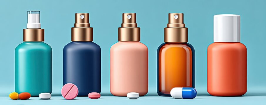 Assortment of medication bottles and pills on a light blue surface with spray dispensers