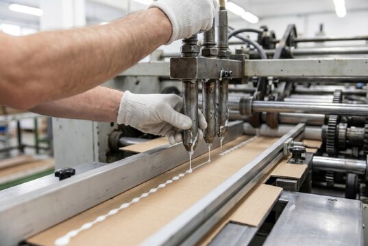 Factory worker adjusting metal nozzles on a machine applying white glue to brown cardboard sheets