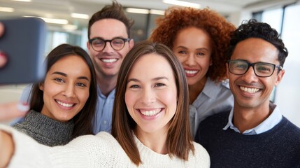 Obraz premium Group of five coworkers smiling for a casual office selfie teamwork portrait for corporate culture and team banner
