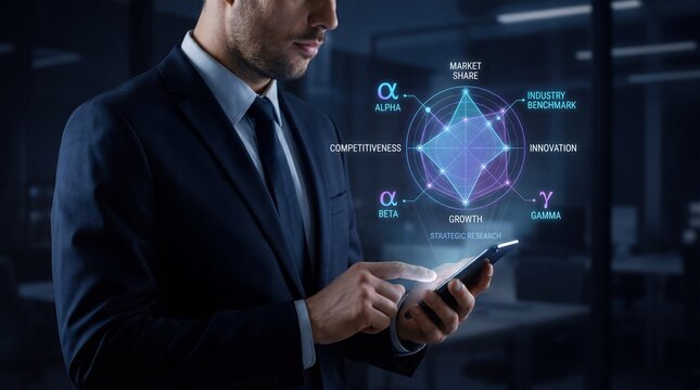 Businessman Using Smartphone With Competitive Intelligence Radar Chart