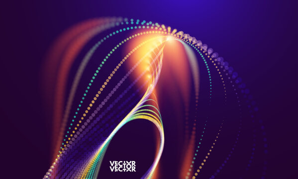 A structure consisting of multiple particles moving along a trajectory. Motion and glow effects. Color gradient. Digital background. 3D illustration for brochure, poster, cover, presentation or banner