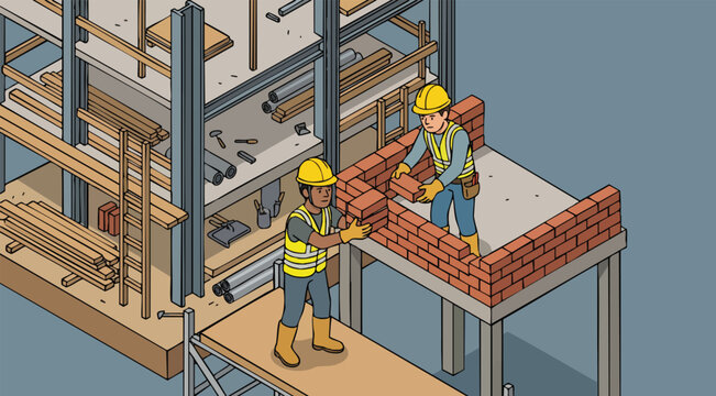 Engineers reviewing architectural blueprints on a construction site