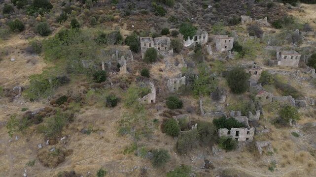 Aerial View of Abandoned Village with Ruined Houses in Izmir Turkiye