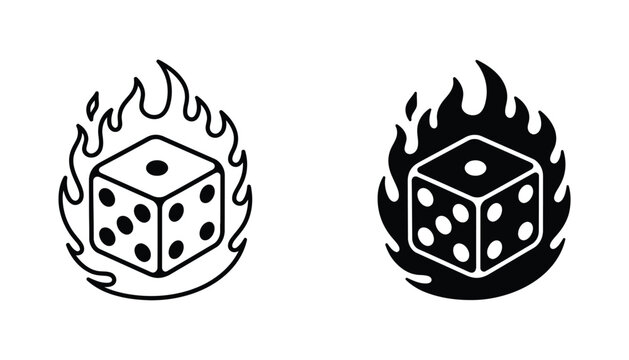Burning dice icon featuring flaming gambling cube in outline and solid black silhouette for casino or game design