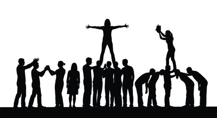 Fototapeta premium Silhouette illustration of a diverse group of people stacking on each other in teamwork