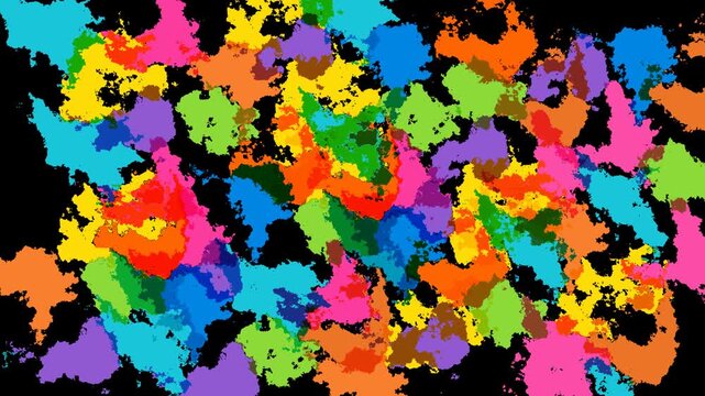 Vibrant Abstract Paint Splashes Animation with Multi color Organic Shapes Expanding And Contracting Over A Black Background. Dynamic Fluid Motion Transition Effect,  Creative Graphics.