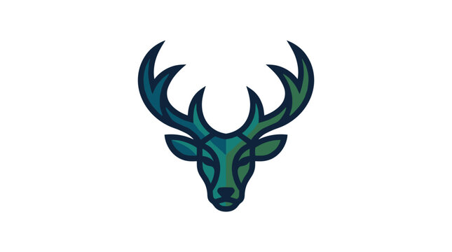 Vector illustration of a stylized deer head emblem with geometric details and gradient colors.