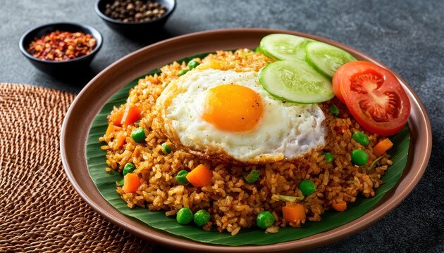 Indonesian fried rice nasi goreng topped with a sunny side up fried egg served on a banana leaf in a ceramic plate with fresh cucumber and tomato slices on a table