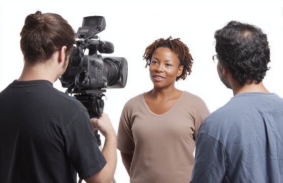 The film crew is filming a video interview with a woman. A professional film crew with a cameraman and director shoots a black woman.